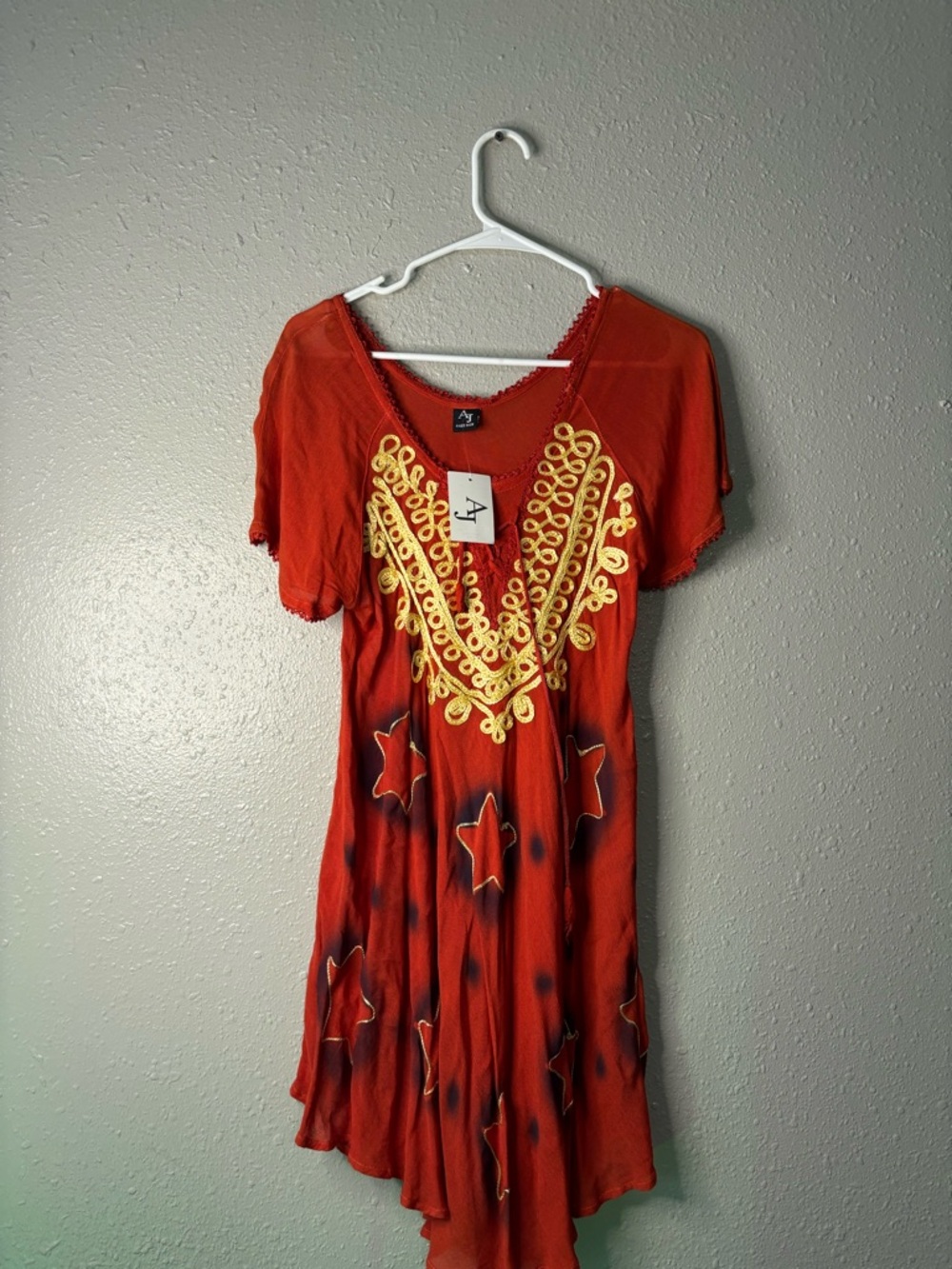 Red Tunic Dress with Yellow Embroidery
